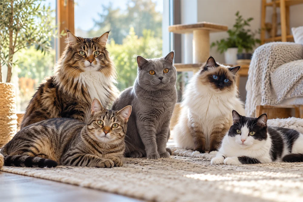Verschiedene Katzen gemeinsam in einem hellen Wohnzimmer – Katzenrassen im Überblick