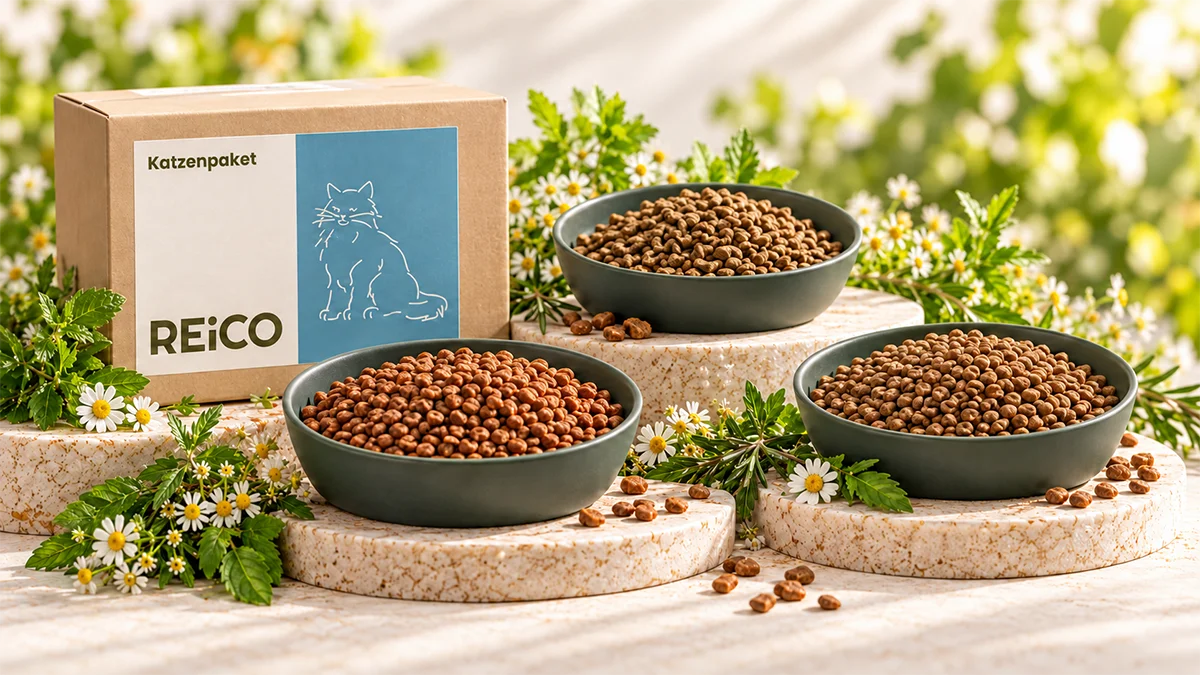 Reico Katzen Trockenfutter mit Katzenpaket und drei Futternäpfen
